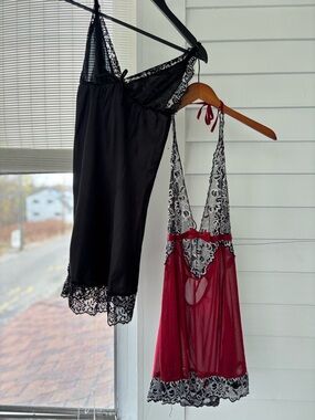 Fashion Nova Black & Red Lace-Trim Chemise Set